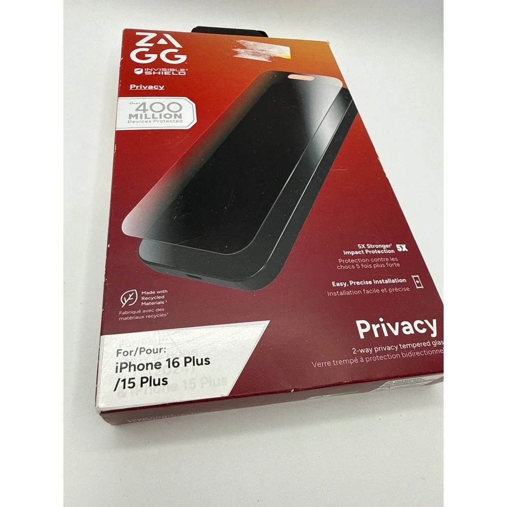 ZAGG Privacy Screen Protector iPhone 16 Plus 15 Plus Black New Glass